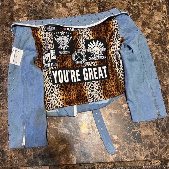 For Her NYC Belted Off-shoulder Studded Denim/Leopard Print Jacket Size 2X - Picture 7 of 15
